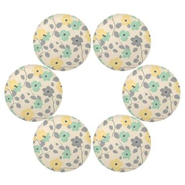 Imagem de Wassud Jogo americano conjunto de 6 tapetes redondos de flores verdes e amarelas para cozinha e jantar tapetes laváveis resistentes ao calor para decoração de mesa 39 cm