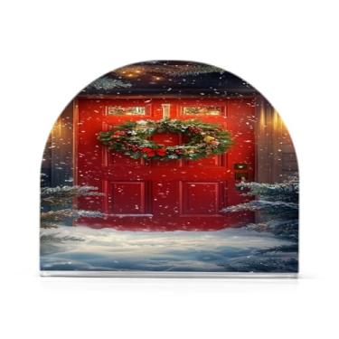 Imagem de Qilmy Porta vermelha festiva guirlanda de Natal porta-guardanapos para mesas, elegante suporte de guardanapo de papel de placa acrílica, dispensador de papel de seda independente moderno para jantar