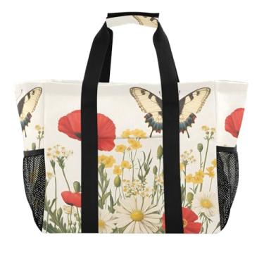 Imagem de Wassud Sacolas de compras reutilizáveis vintage borboletas e flores silvestres grande bolsa organizadora de lona impermeável para praia, piquenique, lavanderia, viagem