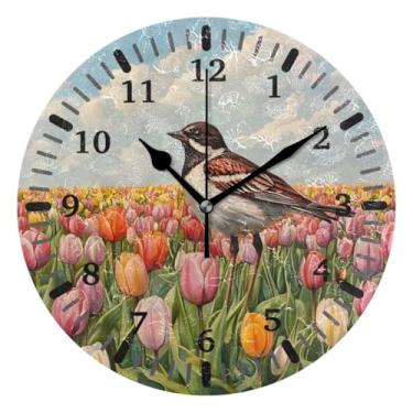 Imagem de CEBUGI Pássaro em tulipas relógio de parede operado por bateria relógios redondos silenciosos sem tique-taque relógios de parede para cozinha, banheiro, quarto, escritório, decoração 25,4 cm