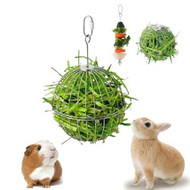 Imagem de CUQUICC Conjunto de brinquedos educativos de coelho de 2 peças: brinquedo de forrageamento de aço inoxidável, bola de feno pendurada + suporte de alimentador lento de vegetais adequado para coelho