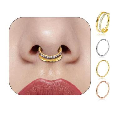 Imagem de Anéis de nariz, argolas de aço cirúrgico 316L, argola dupla, zircônia cúbica, septo, 16 g, banhado a ouro 14K, septo, clicker daith, hélice, piercings, joias, brincos de cartilagem pequena para