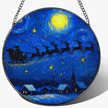 Imagem de Decoração de janela de vitral de trenó de Papai Noel estrelado de 20 cm: enfeite de apanhador de sol de vitral, decoração de janela de apanhador de sol – troca de presentes, ideia de presente