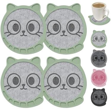Imagem de Wingcases Porta-copos para bebidas (conjunto de 4, verde sálvia) presentes para amantes de gatos mesa de café fofa decoração de casa com almofadas de feltro absorventes base de silicone, tapete de