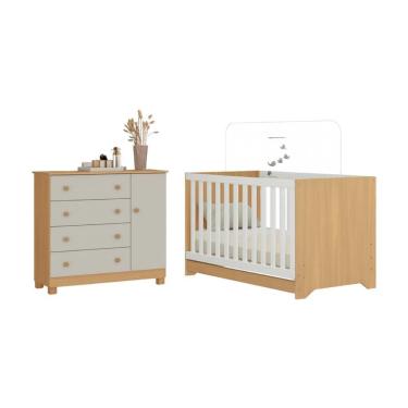 Imagem de Berço Americano 3 Em 1 Com Cômoda 1 Porta 4 Gavetas Allegra Multimóveis MP4684 Madeirado-off White