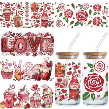 Imagem de Envoltório de copo com flor de rosa UV DTF - 5 folhas de envoltórios de copo UV DTF de dia dos namorados para 473 ml rosa vermelha coração balão Love Uvdtf decalques à prova d'água DIY adesivos de
