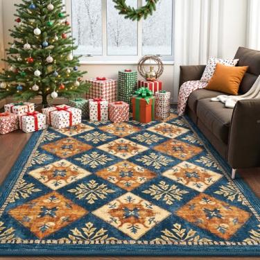 Imagem de HOMORE Tapete de sala de estar 12 x 18 cm, tapete azul de Natal, xadrez, lavável, antiderrapante, macio, para entrada, cozinha, sala de jantar, quarto, tapete geométrico marroquino