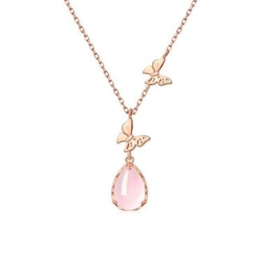 Imagem de Dtja Colar elegante com pingente de borboleta de lágrima para mulheres, colar delicado de cristal oval com pingente de pedra do mês de nascimento, corrente de elos ajustáveis, joias de festa de