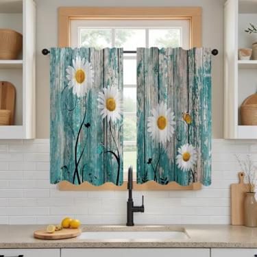 Imagem de DOTOOMA 66 x 91 cm Vintage Turquesa Madeira Margarida Pequena Café Cortinas Curtas Flor Branca Estampa Borboleta Cozinha Camadas Tratamento de Janela Rústico Decoração de Banheiro Cortinas 2 Painéis