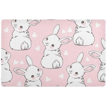 Imagem de TSENQUE Tapete personalizado fofo coelho rosa branco tapete engraçado impermeável para cães, tapete absorvente lamacento, tapetes grandes com suporte de borracha lavável 81 x 50 cm