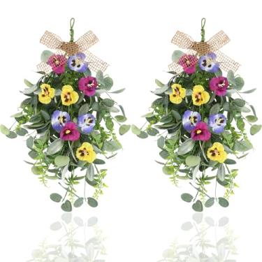 Imagem de Guirlanda de Dia dos Namorados, guirlanda de 23 cm, mini janelas falsas com fita de serapilheira artificial, frutas vermelhas e corações, guirlanda de fazenda (2, flores de amor-perfeito médio)