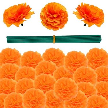 Imagem de YONOOQ 100 peças de flores de calêndula laranja artificial de seda a granel com hastes para dia dos mortos, Halloween, guirlanda de diwali, decoração de festa em casa