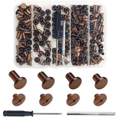 Imagem de 120 peças de rebites de couro para couro, rebites de cinto para artesanato em couro, kit de rebites de parafuso de couro para decorar bolsa, sapatos, bolsa, encadernação (bronze vermelho-M4*6+8+10+