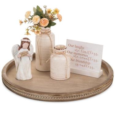 Imagem de Hanobe Bandeja decorativa grande redonda: bandeja de mesa de centro com contas bandejas de madeira rústica decoração fazenda bandeja circular otomana peça central vintage bandejas de servir de madeira