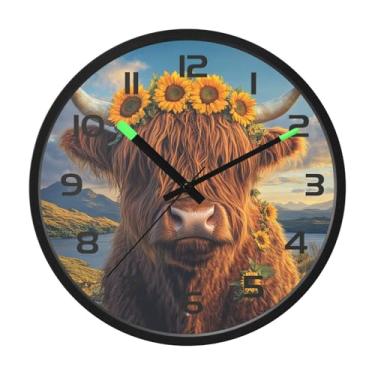 Imagem de CEBUGI Relógio de parede com luz noturna de 30,5 cm que brilha no escuro com sensor de voz, vaca highland girassóis, relógios de parede operados por bateria para decoração de quarto e sala de estar