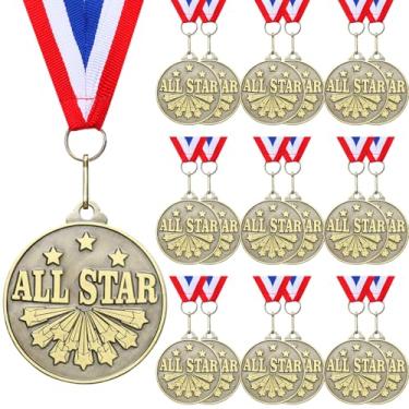 Imagem de Quelay 20 medalhas All Star de 5 cm com fitas de pescoço Medalhas de vencedor prêmios de troféu de metal a granel presente para competições de adultos, torneios de educação escolar, lembrancinha de