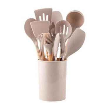 Imagem de Conjunto De Utensílios De Cozinha, (BEGE, PRETO E AZUL TURQUESA GRANDE) 12 Peças, Silicone E Madeira(Bege)