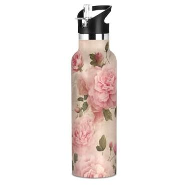 Imagem de Joisal Garrafa de água escolar de aço inoxidável para meninas, vintage, rosa, floral, 590 ml, livre de BPA, à prova de vazamento, copos de viagem isolados para crianças com tampa de canudo