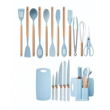 Imagem de Kit Pequeno Completo Jogo Utensílios De Cozinha 19 Peças Com Tábua Em Silicone PEQUENO(Azul bebê)