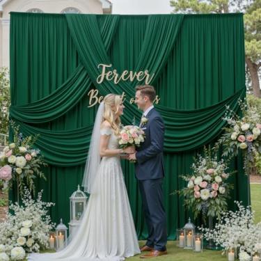 Imagem de Cortina de fundo verde caçador de 3 m x 3,7 m sem rugas, 2 painéis de 3 m de altura para casamento, pano de fundo de poliéster sedoso para fotografia de aniversário, pano de fundo de festa drapeado