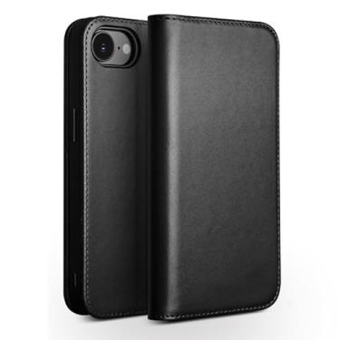 Imagem de FWYANZH Capa carteira para iPhone 16E, capa flip de couro genuíno com compartimentos para cartões, proteção total, à prova de choque, estilo comercial, preta, 16E