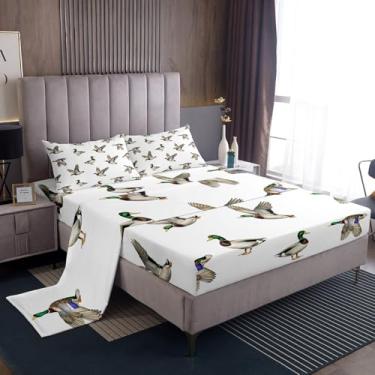 Imagem de Erosebridal Jogo de lençol Queen com tema de caça de pato selvagem, pato selvagem, animais de safári voando, para meninos e meninas, branco