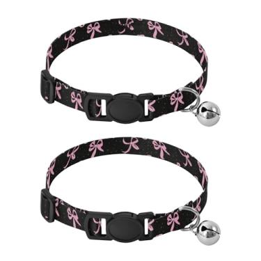 Imagem de SEHANY Conjunto de 2 coleiras de cachorro com laço rosa fofo, fivela de plástico resistente, leve, macia e leve, com sino pequeno, coleiras personalizadas com nome de animal de estimação para meninos