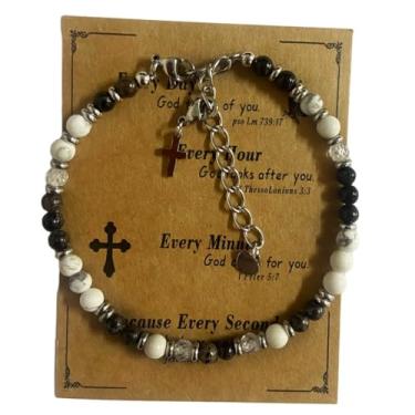 Imagem de DOLON Pulseira minimalista cristã com pingente de cruz com contas boêmia de pedra natural de 4 mm para mulheres, homens, confirmação, batismo, Páscoa, aniversário, presentes religiosos de Natal