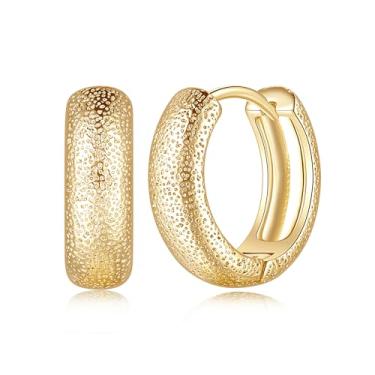 Imagem de Brincos de argola de ouro 14 k com argolas douradas texturizadas para mulheres pequenos brincos de argola de ouro 16 mm x 5 mm, Gold, Prata, Sem pedra preciosa