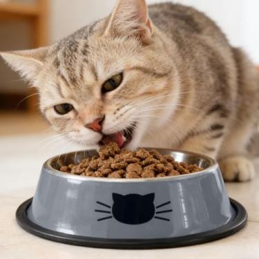 Imagem de Tigela fofa para gatos, estampa de rosto de gato, aço inoxidável, antiderrapante, tigela de água para gatos e cães pequenos (cinza-branco)