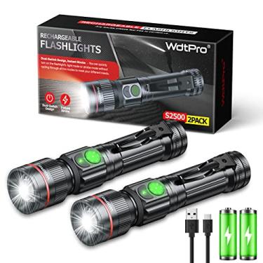 Imagem de WdtPro Pacote com 2 lanternas recarregáveis, mini luzes de LED brilhantes de bolso com clipe, zoom, interruptor duplo, 5 modos, lanterna à prova d'água para acampamento ao ar livre em casa de