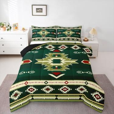 Imagem de Feelyou Conjunto de edredom nativo do sudoeste, todas as estações, geométrico do sudoeste, com 2 fronhas, tribal, boêmio, verde microfibra, para decoração de quarto Queen, respirável, macio e leve