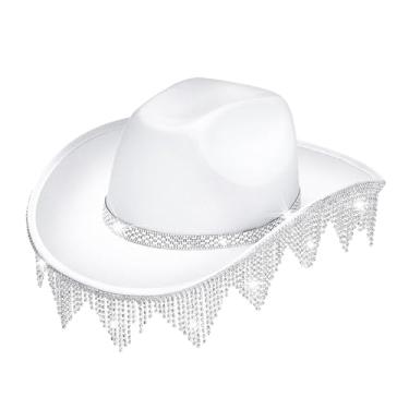 Imagem de Generic Strass ocidentais borlas chapéu de cowboy chapéu de vaqueira versátil jazz boné para cosplay vestir-se masquerade foto adereços, branco
