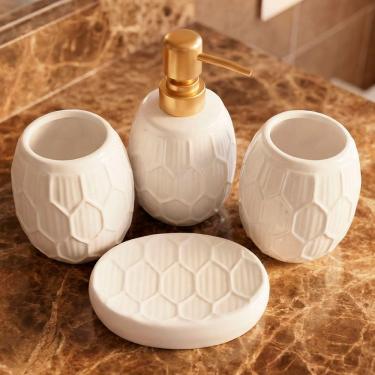 Imagem de Jogo Banheiro Lavabo Acessórios Textura Hexagonal Kit 4pçs