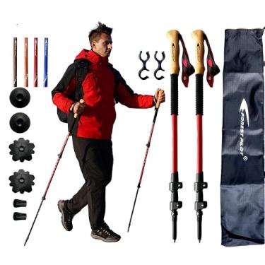 Imagem de FOREST PILOT Bastões de trekking – Alumínio leve 7075 com trava dobrável e acessórios para todos os terrenos – Par de 2 bengalas para caminhada com aderência de madeira de faia - vermelho