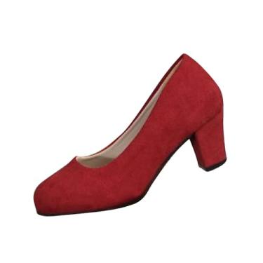 Imagem de Sapatos femininos elegantes casuais versáteis Mary Jane salto grosso bico redondo sapatos de salto médio para mulheres, design retrô elegante, Vermelho, 36