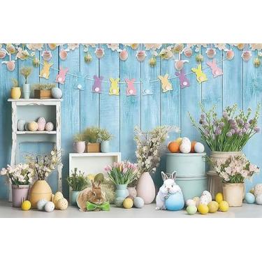 Imagem de Leowefowa Pano de fundo para fotografia de Páscoa, 3 x 2,4 m, vinil, azul, madeira, parede, primavera, ovos coloridos, coelho, floral, para festas, festas, festivais, banner, adereços para cabine de