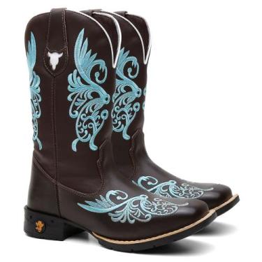 Imagem de Bota Texana Feminina Country Em Couro Floral Azul Ref.: Floral-Azul - 