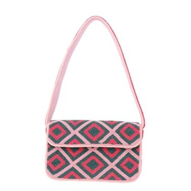 Imagem de Indian Shelf Bolsas de ombro geométricas feitas à mão premium para mulheres, meninas - Bolsa feminina para noite - Padrão diamante rosa e verde (com caixa)