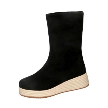 Imagem de Botas femininas confortáveis, versáteis, com sola grossa, plus size, outono, inverno, moderno, quente, salto cunha, cano baixo, botas, Preto, 36