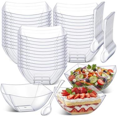Imagem de Tanlade 100 tigelas de plástico quadradas de 227 g com colheres, conjunto de 50 copos de sobremesa descartáveis transparentes para lanche ou tigela de salada, utensílios de servir para festa
