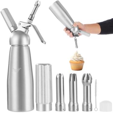 Imagem de Conjunto de dispensador de chantilly, 500 ml/1 litro de creme profissional de alumínio com 3 bicos de decoração e pequena escova de limpeza para sobremesas, decoração de bolos
