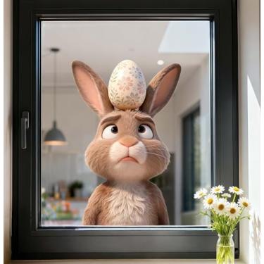 Imagem de Adesivos de janela de páscoa para janelas de vidro Coelhinho engraçado criativo com dois ovos de Páscoa na cabeça adesivos adesivos adesivos para decoração de quarto de crianças 11,8 × 15,7 polegadas