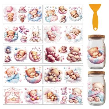 Imagem de GOMAKERER 12 peças de envoltórios de copo DTF UV urso, 10 x 23 cm, adesivos de transferência UV DTF de urso dormindo à prova d'água para adesivos de transferência para garrafa de vidro de 473 ml