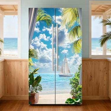 Imagem de GOMAKERER 2 peças de envoltórios de geladeira removíveis de praia tropical, autoadesivo, mural de porta de geladeira, painel de freezers, adesivo para decoração de bar de cozinha, 40 x 192 cm