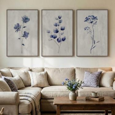 Imagem de Arte de parede floral boho emoldurada para sala de estar, 3 peças de pintura botânica minimalista azul de 3 peças, arte de plantas de flores em aquarela rústica moderna para quarto, sala de jantar