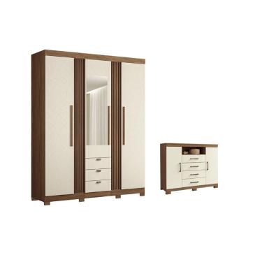 Imagem de Kit Guarda Roupa Solteiro e Closet 51310 3 Portas de Bater 3 Gavetas MDP com Espelho Jatoba-areia