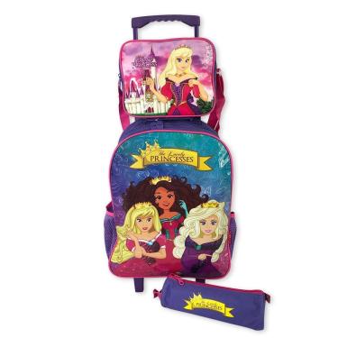 Imagem de Kit Escolar Infantil Princesas Mochila De Rodinhas Lancheira Termica Estojo Resistente