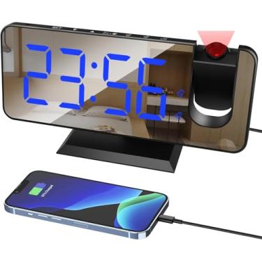 Imagem de Despertador Digital Despertador De Projeção Relógio De Cabeceira Digital Com Projetor De 180 ° 7,4 '' Tela De Espelho Grande Porta De Carregamento Usb 4 Níveis D, Black Blue, One Size