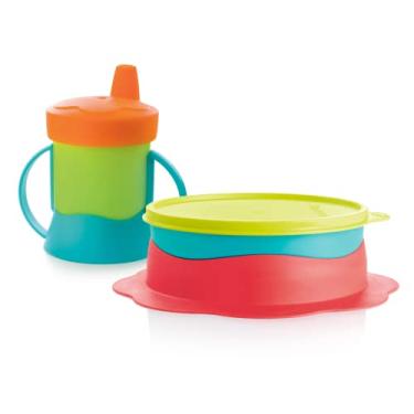 Imagem de Tupperware Conjunto de alimentação da marca Tupperkids – cores Bacio, água tropical e Margarita – Inclui prato dividido e copo para saborear Sip 'N Care